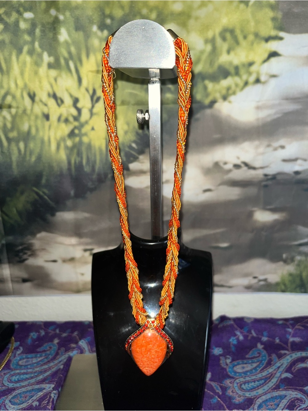Handcrafted Orange Braided Pendant Necklace - Women's Jewelry